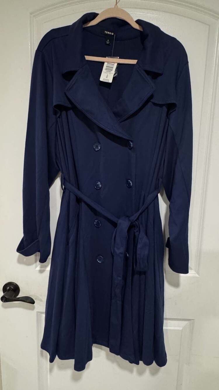 Torrid Navy Trench Coat Tie Waist Soft Girl Preppy Quiet Luxury 4X NWT